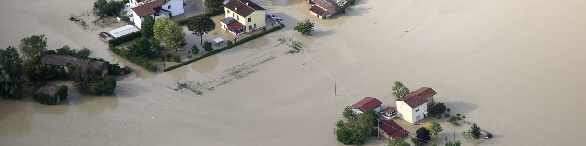 Dettaglio orizzontale della vista aerea di case e campi allagati durante un'alluvione, con abitazioni circondate da acqua fangosa