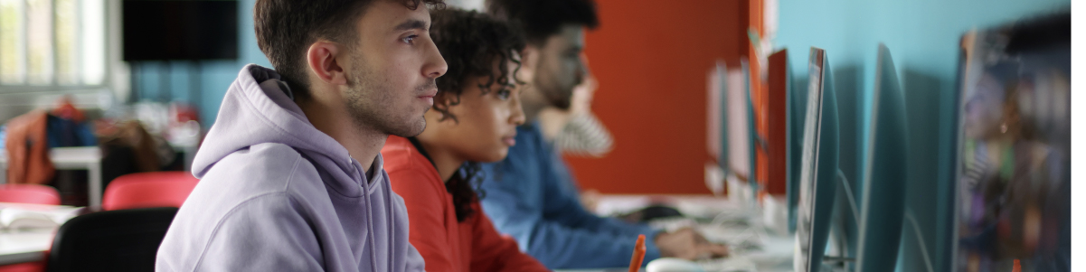 Dettaglio orizzontale di studenti seduti in fila a lavorare su computer desktop; in primo piano un ragazzo con felpa viola e dietro altri giovani concentrati davanti ai monitor