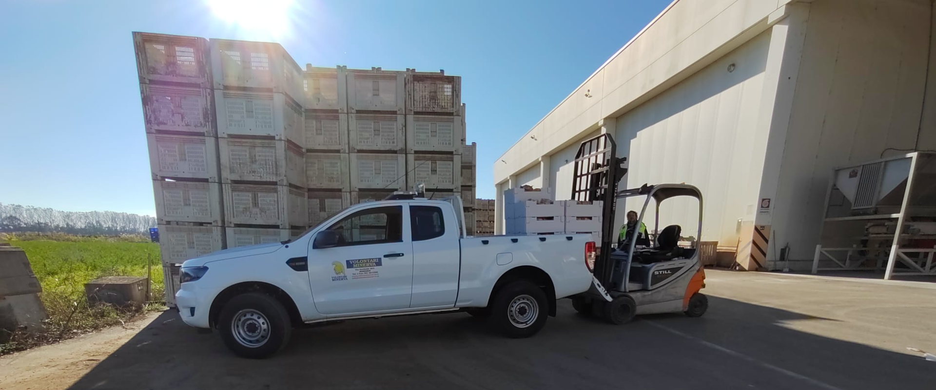 Pick-up bianco parcheggiato accanto a pile di cassette di plastica all'esterno di un magazzino mentre un muletto carica merce sul retro del veicolo alla luce del sole