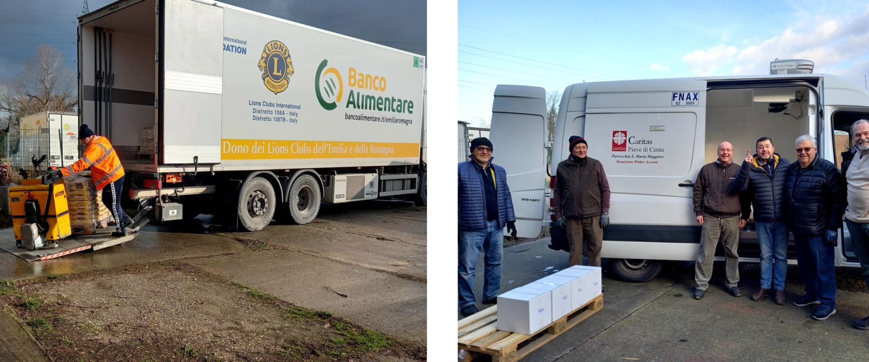 Montaggio di due foto: a sinistra un operatore con giubbotto arancione movimenta un pallet vicino a un camion del Banco Alimentare; a destra un gruppo di uomini posa davanti a un furgone con scatole di generi alimentari su un bancale