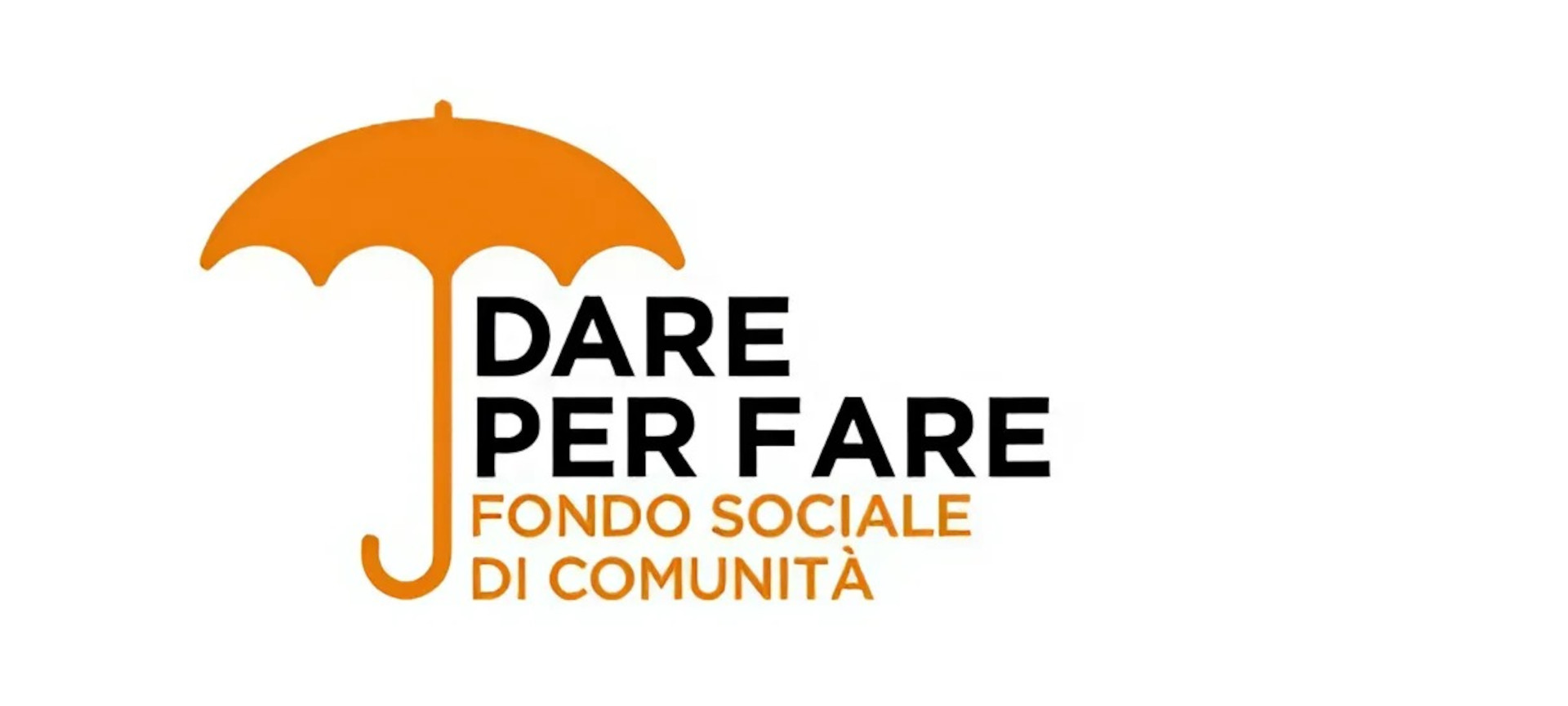Logo Dare per fare Fondo Sociale di Comunità con ombrello arancione e testo nero e arancione