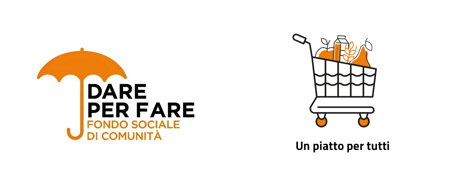 Logo 'Dare per fare Fondo Sociale di Comunità' con ombrello arancione accanto a un'illustrazione di carrello della spesa e la scritta "Un piatto per tutti"